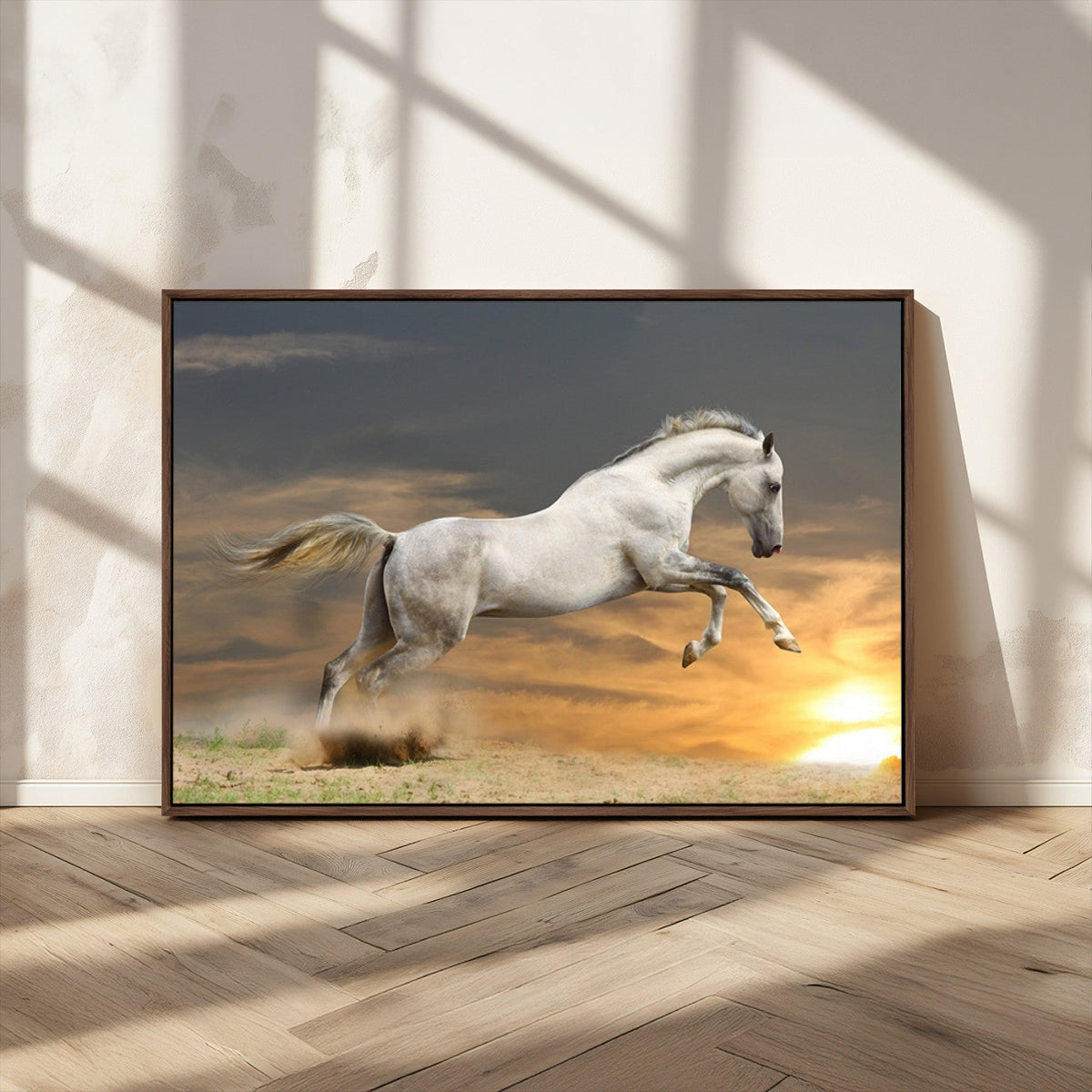 Large Wall Art Canvas Print, White Jumping Horse at Sunset