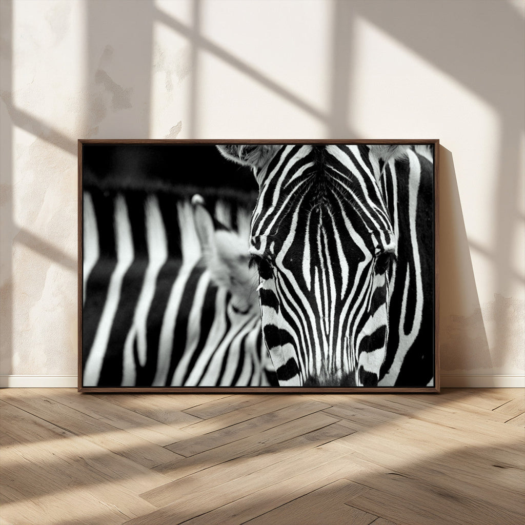 Zebra Wall Art | Zebra Close Up Canvas Print | Framed Black and White Wildlife