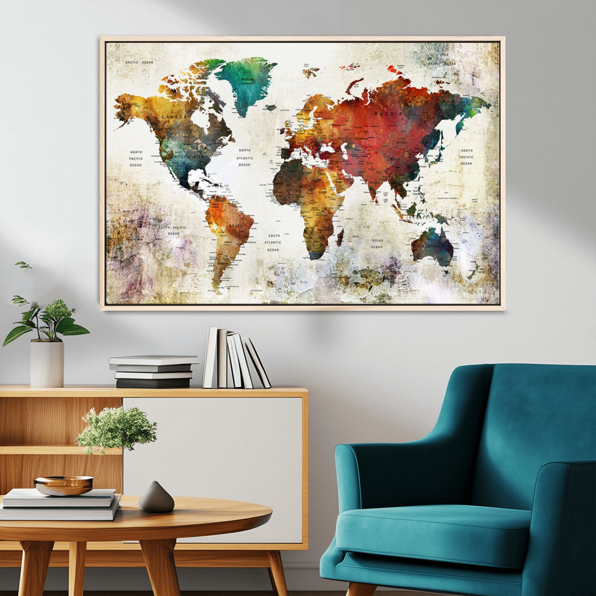 Watercolor World Map Canvas Print | Framed Travel Map Wall Art for Couples