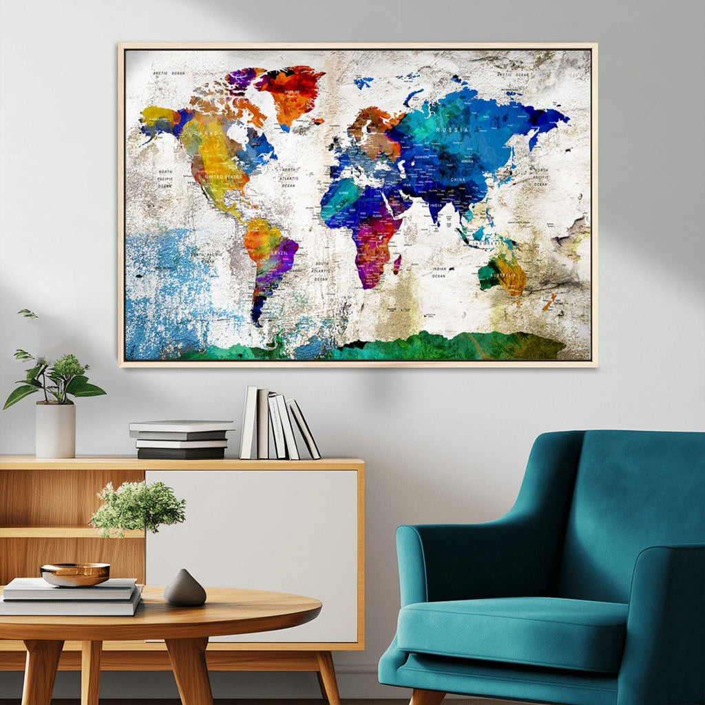 Navy Blue and Orange Watercolor World Map Canvas Print | Framed Travel Map