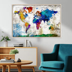 Navy Blue and Orange Watercolor World Map Canvas Print | Framed Travel Map