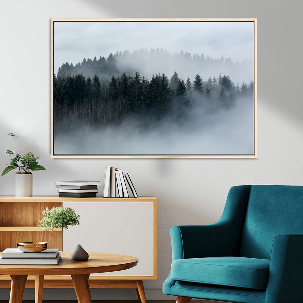 Autumn and Misty Trees in the Forest Wall Art Canvas Print, Foggy Forest Mountain Wall Art