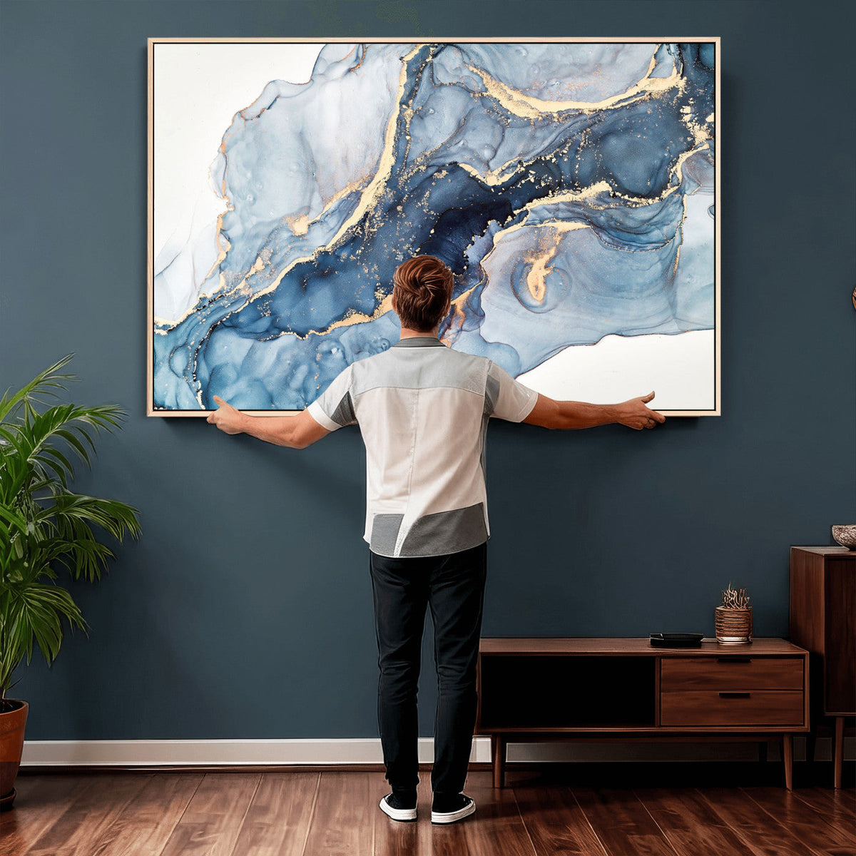 Blue Abstract Canvas Wall Art Print | Fluid Marble Effect Abstract Art