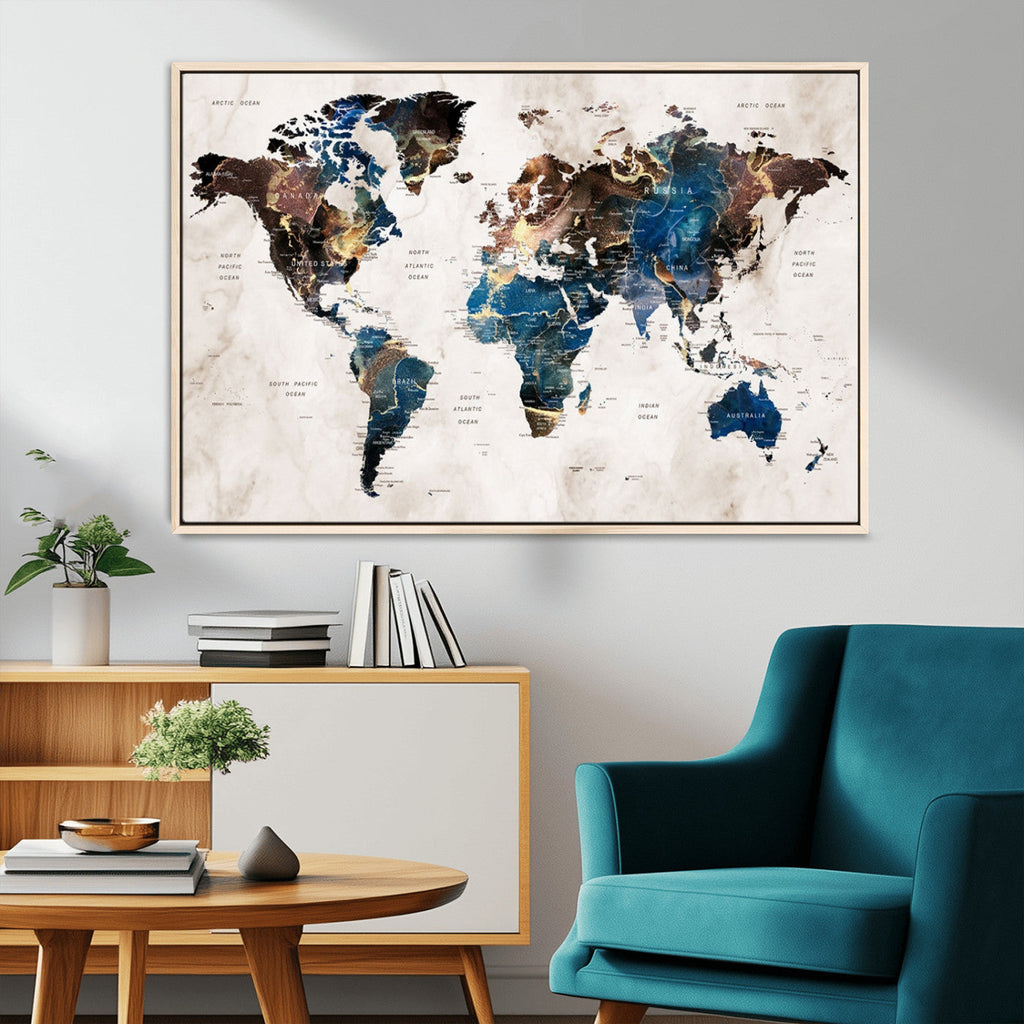 Abstract Earth Tone Blue World Map Canvas Print | Framed Travel Map Wall Art