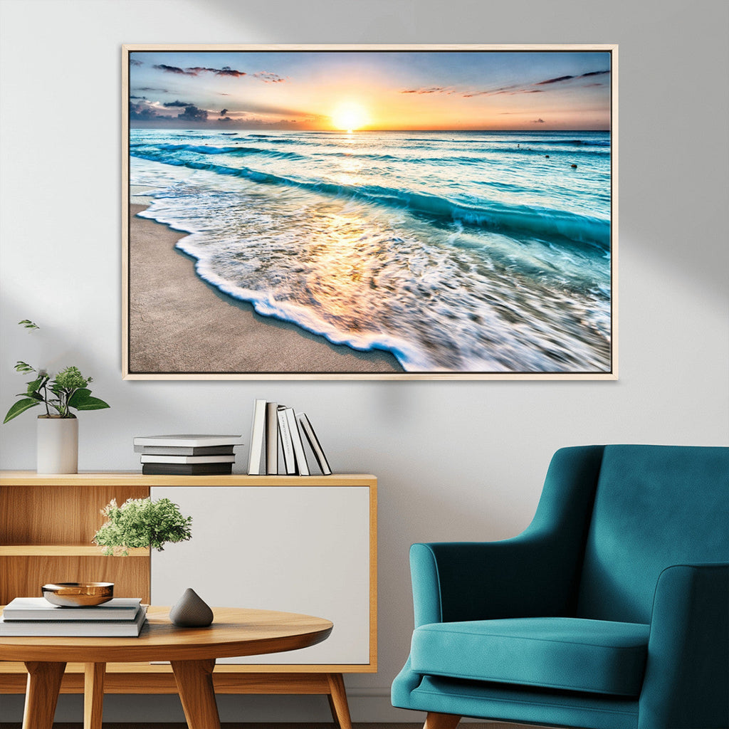 Sunset Beach Waves Canvas Wall Art | Ocean Sunset Coastal Print