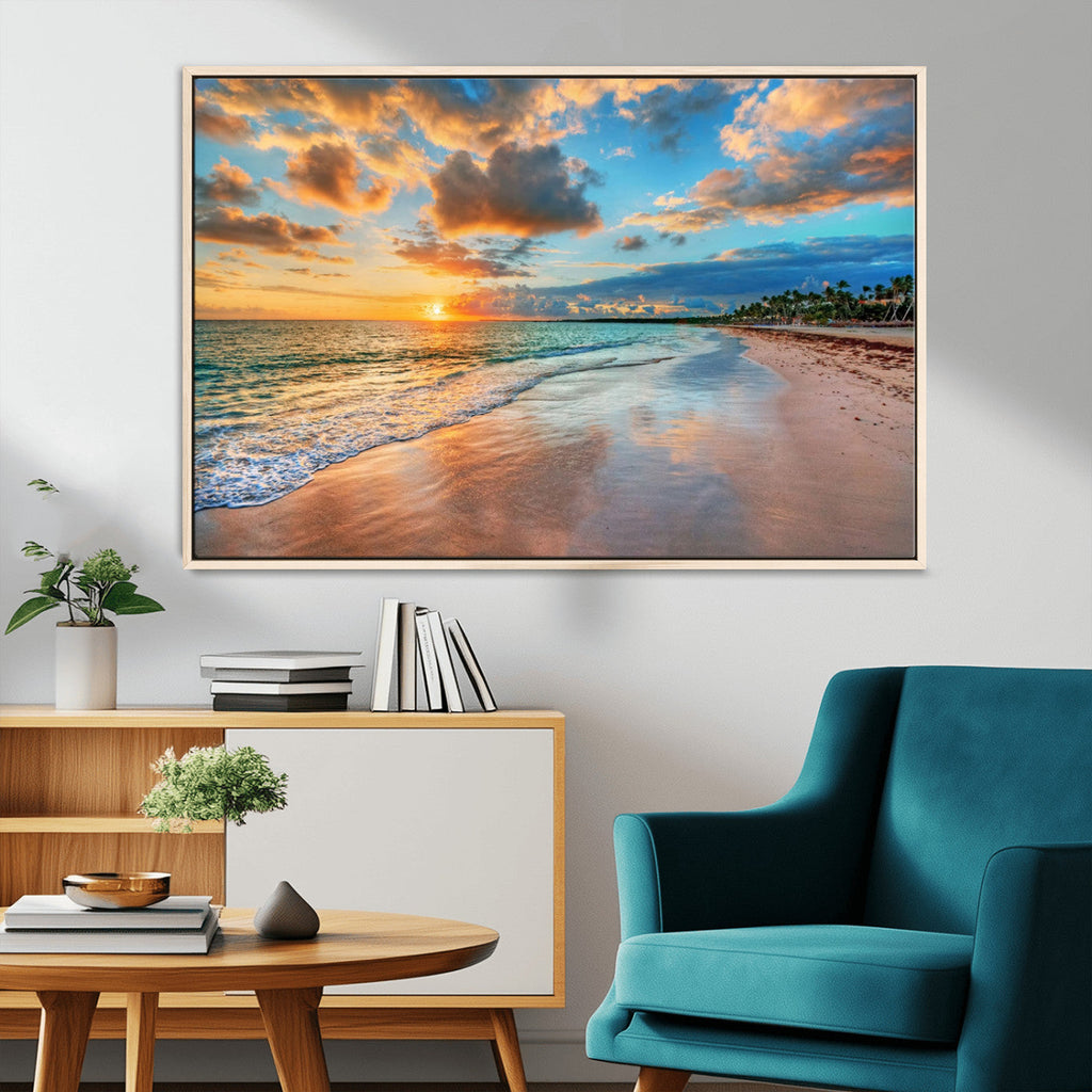 Sunset Beach Canvas Wall Art | Tropical Triptych Seascape Print