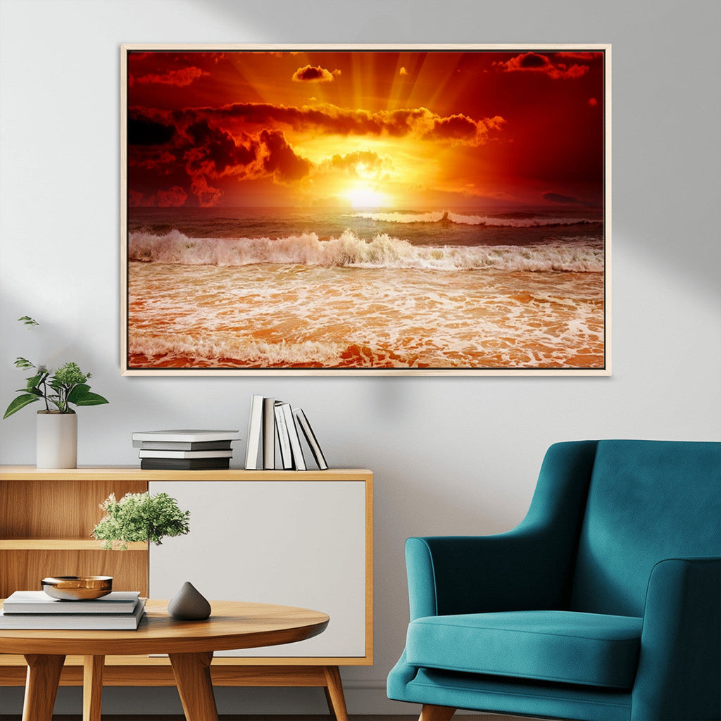 Red Sunset Ocean Beach Canvas Wall Art, Coastal Sunset Print