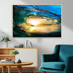 Ocean Wave at Sunset Canvas Art, Large Wall Print of Vibrant Surfing Wave