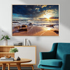 Golden Hour Beach Sunset Canvas Triptych, Ocean Waves and Rocks Wall Art