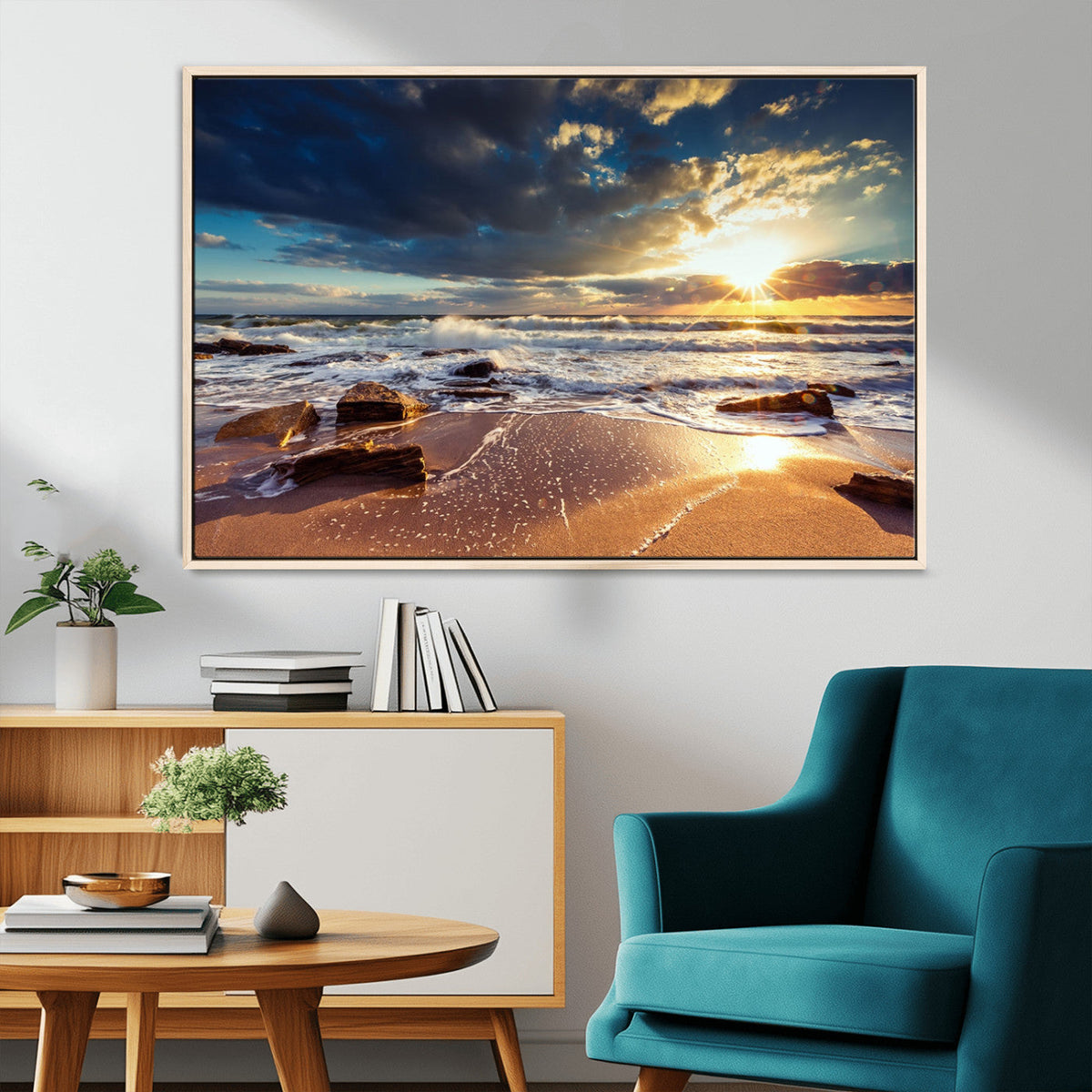 Golden Hour Beach Sunset Canvas Triptych, Ocean Waves and Rocks Wall Art