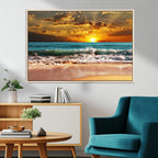 Golden Sunset Beach Canvas Wall Art | Triptych Seascape Print, Framed and Ready to Hang