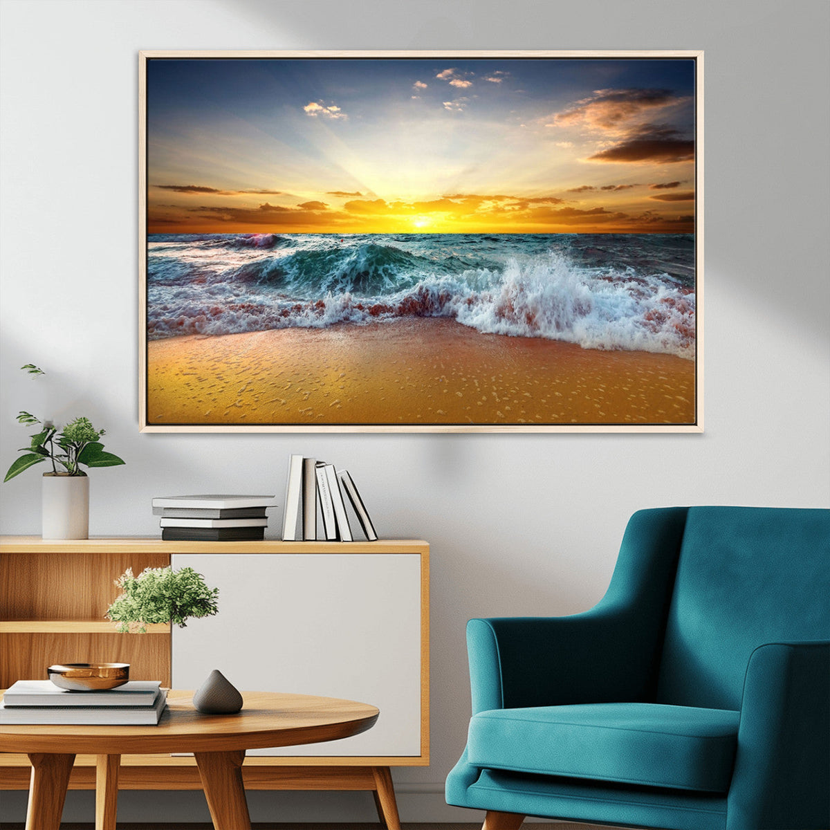 Golden Sunset Ocean Waves Wall Art Canvas Print | Multi Panel Beach Canvas Set, Coastal Triptych