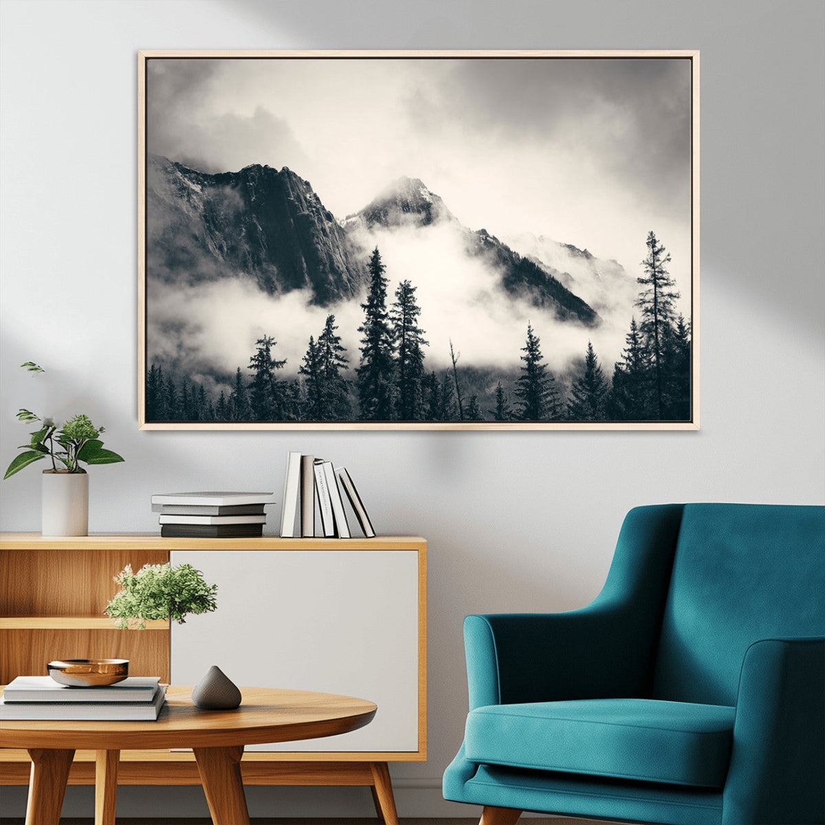 Forest Mountain Print | Black and White Canvas Wall Art with Misty Forest Design