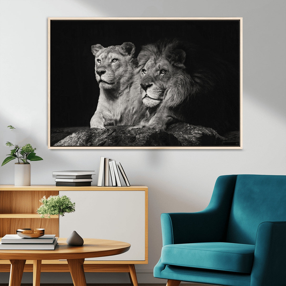 Lion Couple Wall Art Canvas Print, Elegant Black and White Wildlife Portrait