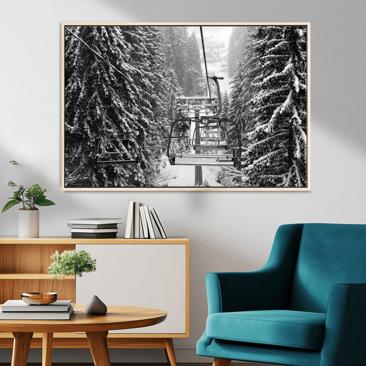 Winter Ski Lift Black and White Canvas Wall Art | Alpine Escape in Minimalist Style