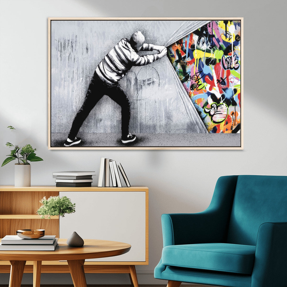 Banksy Art Behind the Curtain Street Wall Art Canvas Print | Urban Graffiti Style Wall Decor