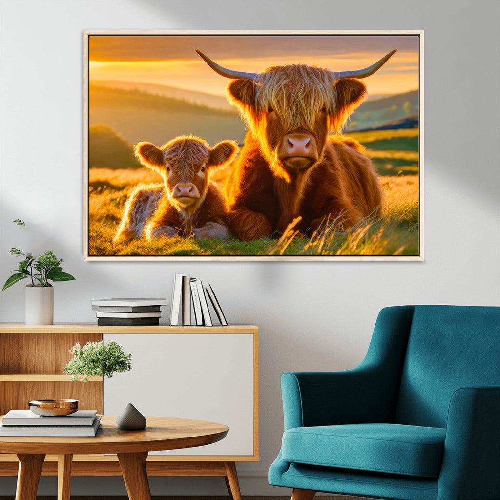 Scottish Cow and Baby Cow Canvas Wall Art Animal Print