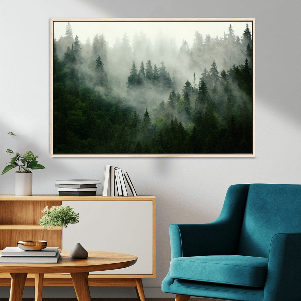 Misty Forest Wall Art | Tranquil Green Woodland Canvas Print