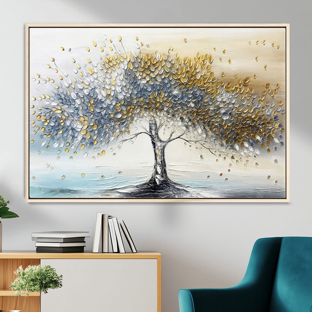 Golden and Silver Tree Wall Art | Framed Elegant Leaves Canvas