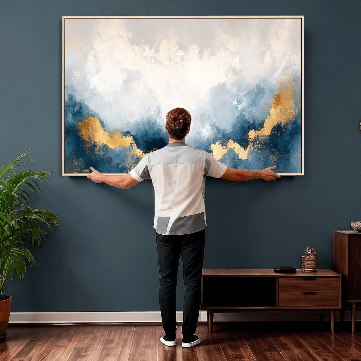 Abstract Blue and Gold Clouds Wall Art Canvas Print, Framed Modern Landscape Artwork