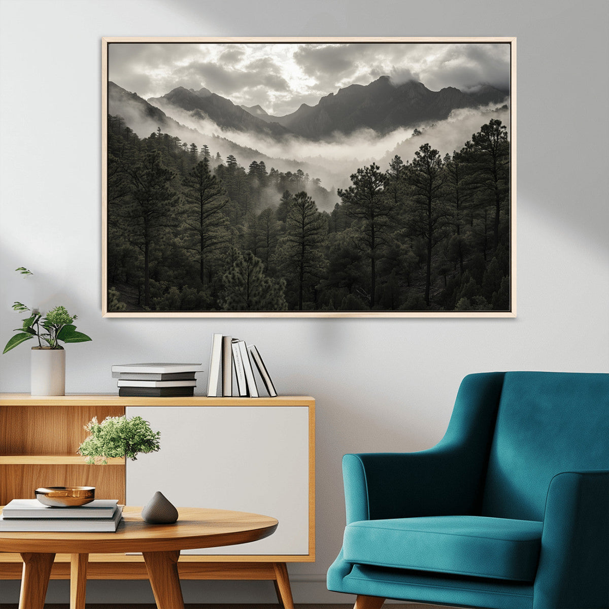 Moody Forest Wall Art | Framed Mountain Fog Canvas Artwork
