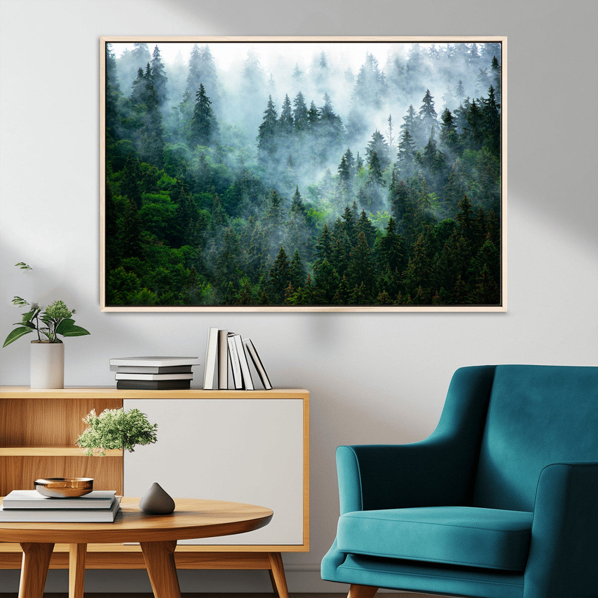 Misty Forest Wall Art Canvas Print, Framed Foggy Mountain Art, Large Scenic Woodland Canvas
