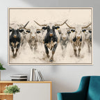 Texas Longhorn Wall Art | Framed Cattle Walking Canvas