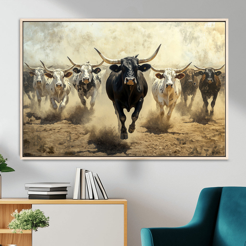 Texas Longhorn Wall Art | Framed Charging Cattle Canvas