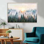 Misty Pine Forest Wall Art Canvas, Sunrise Over Foggy Trees