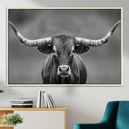 Texas Longhorn Wall Art Canvas Print, Framed Western Bull Photography, Rustic Log Cabin Decor