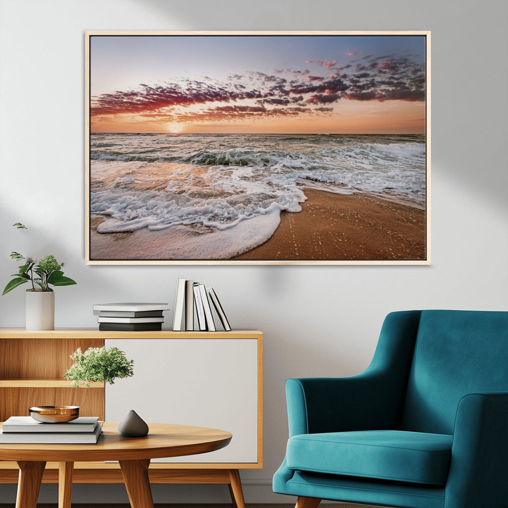 Ocean Sunset Wall Art Canvas Print | Sandy Shore and Gentle Waves