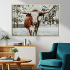 Texas Longhorn Wall Art Canvas Print | Framed Spotted Brown and White Bull