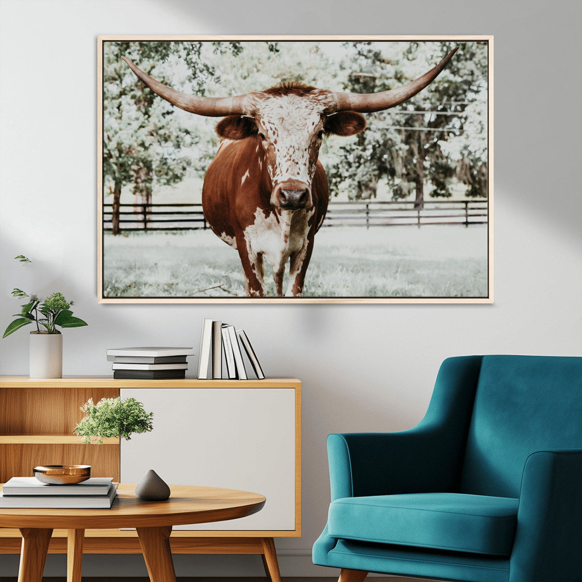 Texas Longhorn Wall Art Canvas Print | Framed Spotted Brown and White Bull