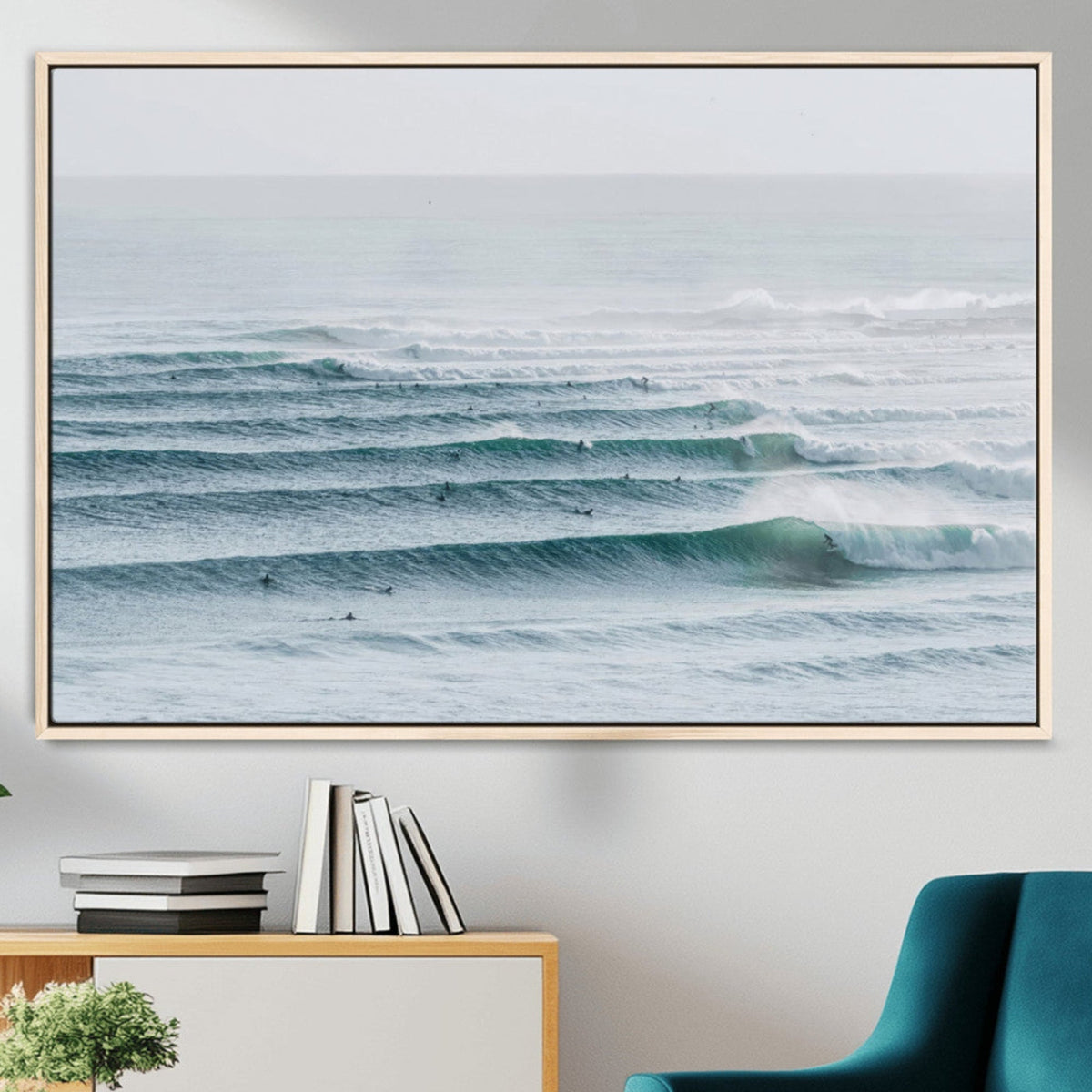 Ocean Waves Wall Art Canvas Print, Framed Surfer Lineup on a Crowded Ocean