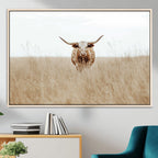 Texas Longhorn Wall Art Canvas Print, Framed Lone Cattle and Longhorn Bull Scene