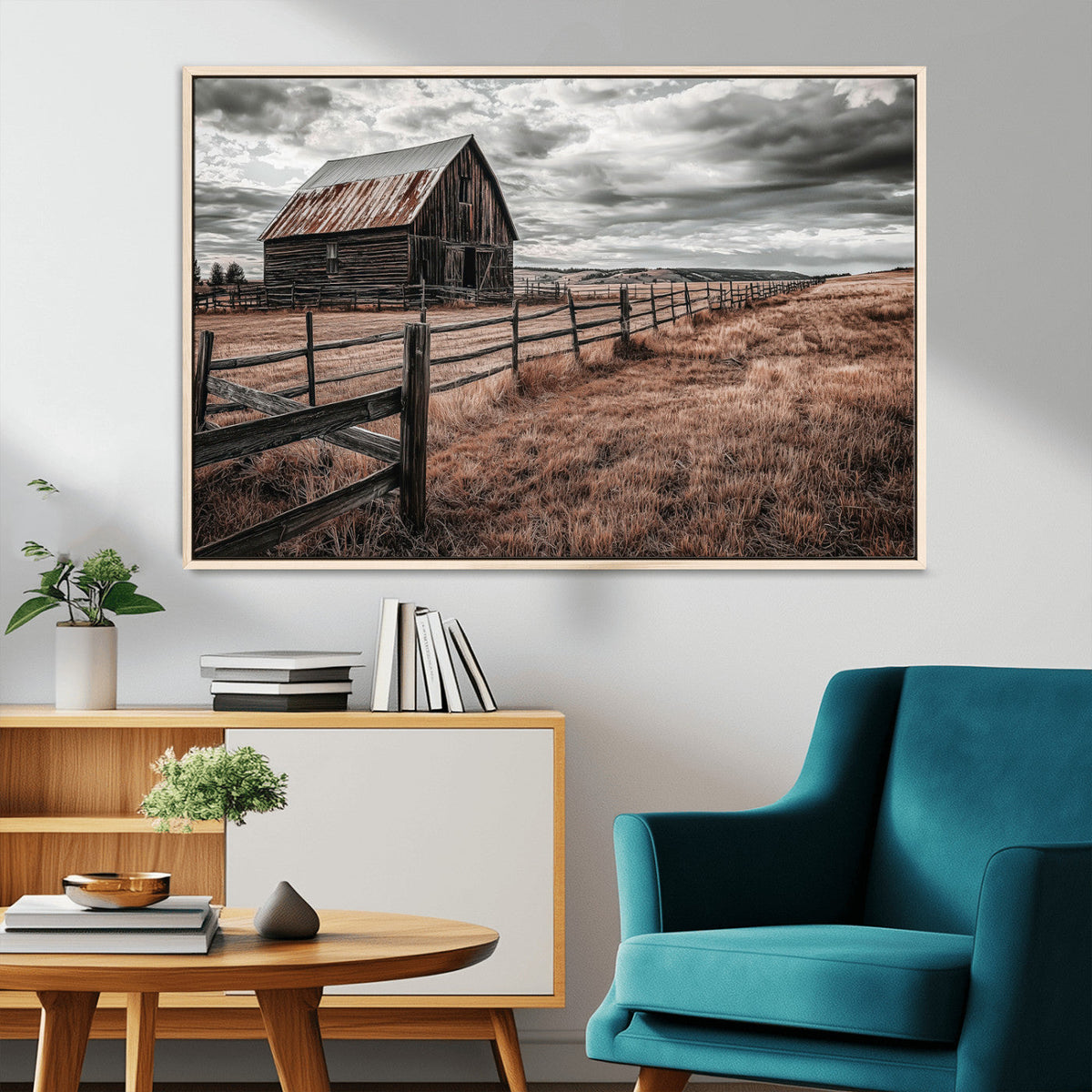 Rustic Barn Wall Art Canvas Print, Framed Moody Field Scene