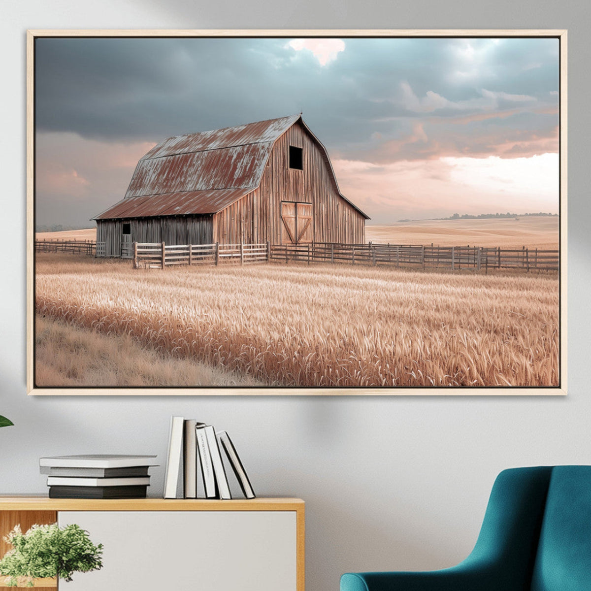 Rustic Barn Wall Art Canvas Print, Framed Wheat Field Scene