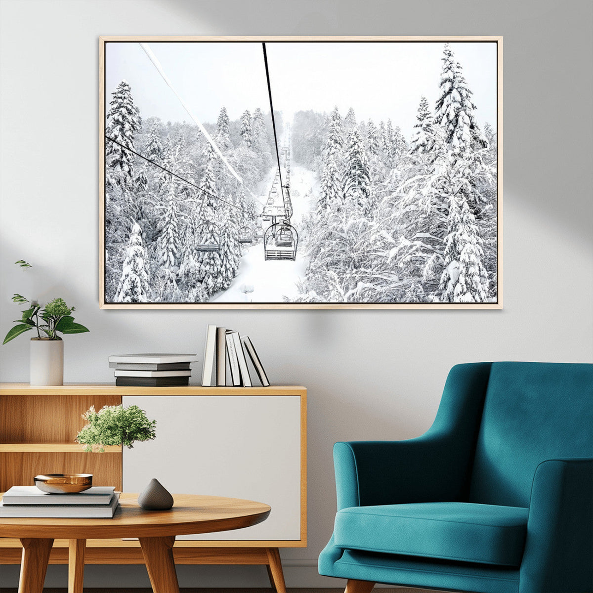 Snowy Ski Lift Wall Art | Framed Winter Mountain Canvas