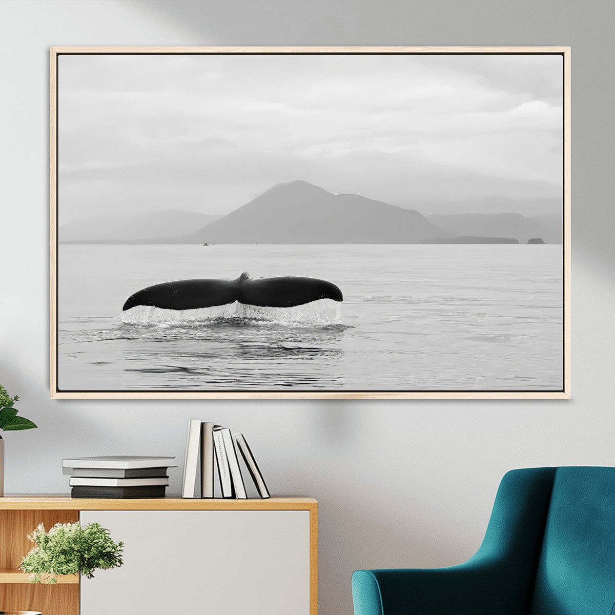 Whale Tail Wall Art | Framed Black White Ocean Canvas