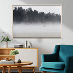 Surfer Fog Wall Art Canvas Print, Framed Foggy Beach and Coastal Surf Scene