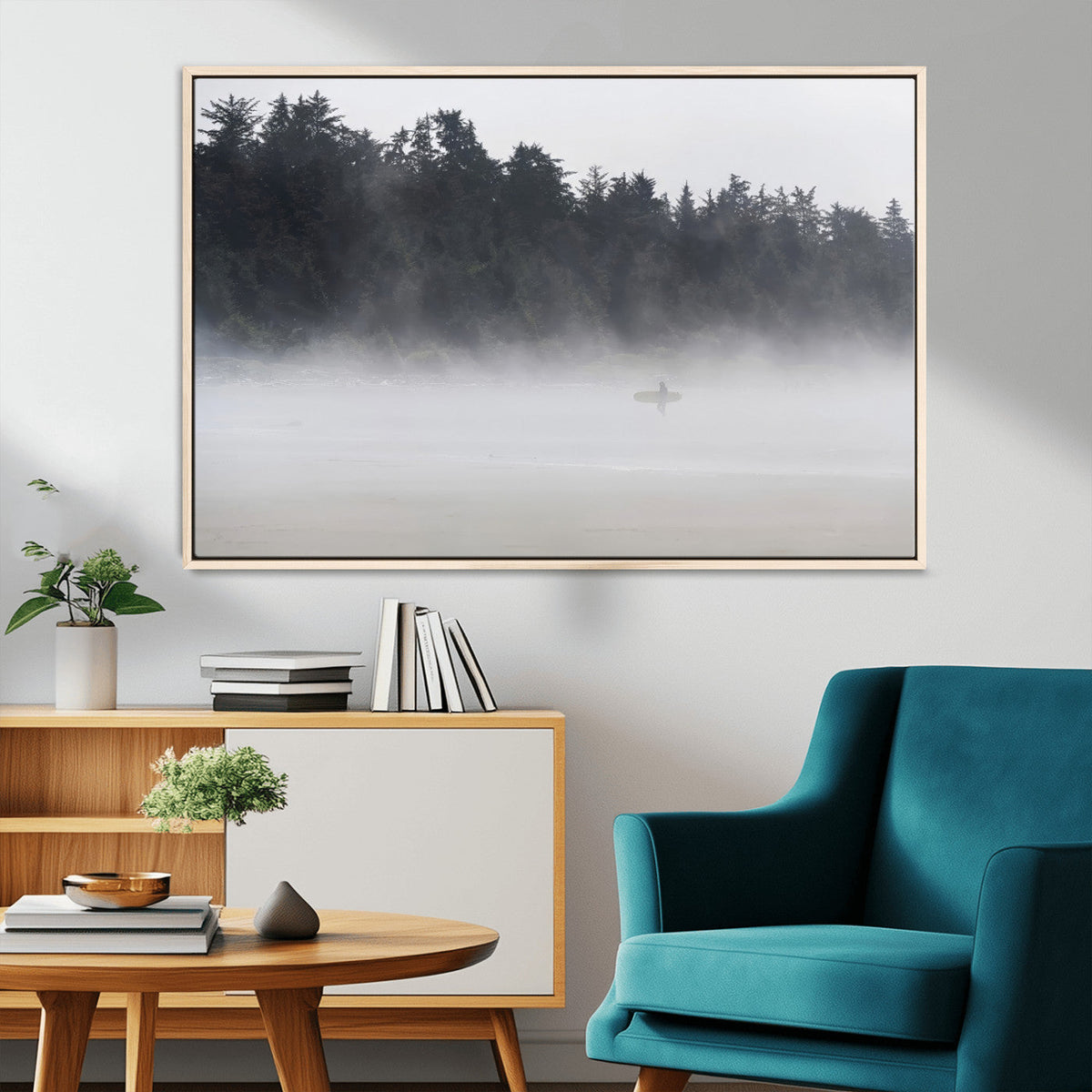 Surfer Fog Wall Art Canvas Print, Framed Foggy Beach and Coastal Surf Scene