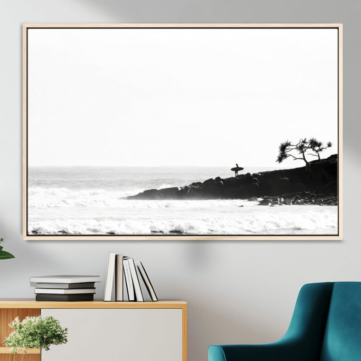 Surfer Cliffs Wall Art Canvas Print, Framed Black White Beach and Ocean Waves