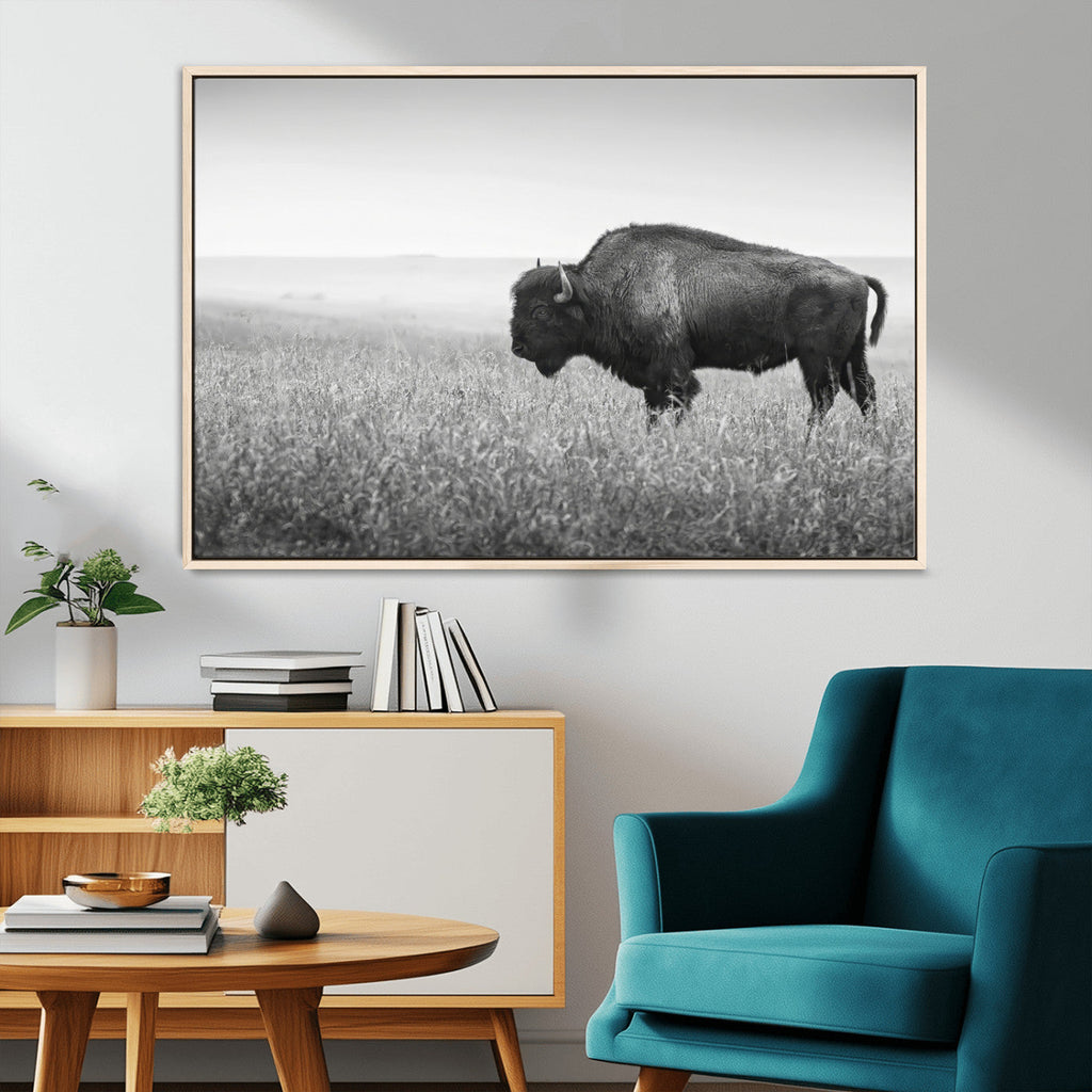 Bison Wall Art Canvas Print, Framed Rustic Wildlife Scene with Wild Buffalo