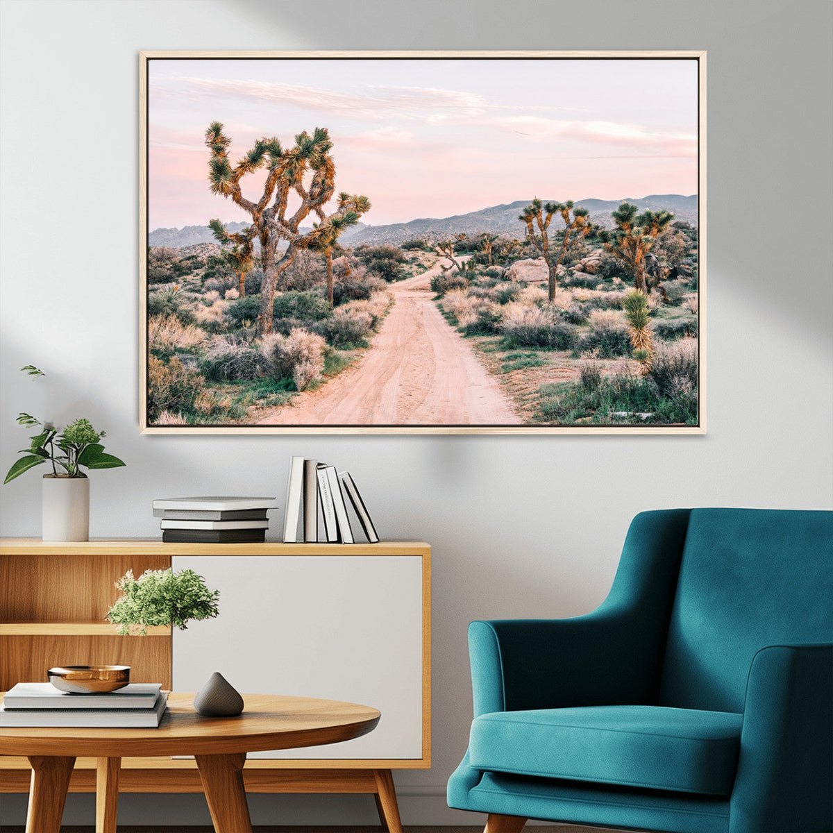 Joshua Tree Wall Art Canvas Print, Framed Desert Road Scene at Sunset