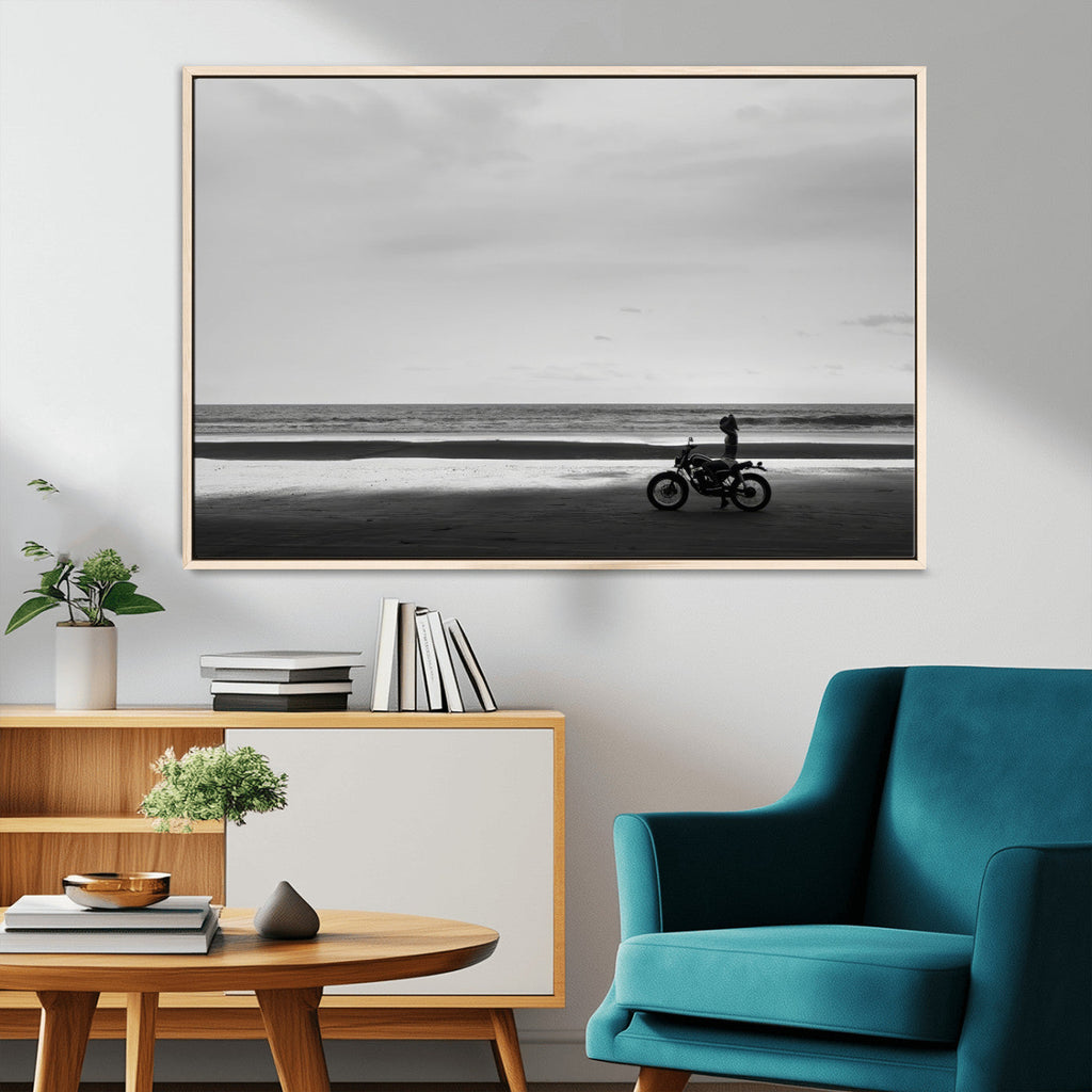 Motorcycle Beach Wall Art Canvas Print, Framed Vintage Motorcycle and Biker Silhouette