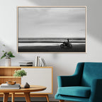 Motorcycle Beach Wall Art Canvas Print, Framed Vintage Motorcycle and Biker Silhouette
