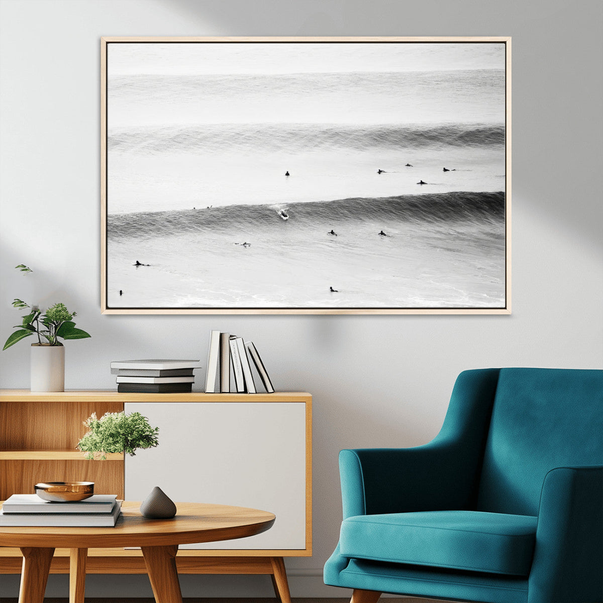 Black White Ocean Wall Art Canvas Print, Framed Coastal Sport and Ocean Swimmers Scene