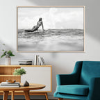 Black and White Surfing Wall Art Canvas Print, Framed Ocean Horizon Surfer Girl