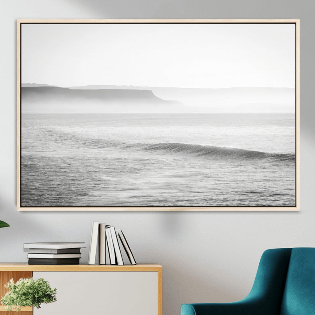 Black and White Seascape Wall Art Canvas Print, Framed Misty Ocean Waves