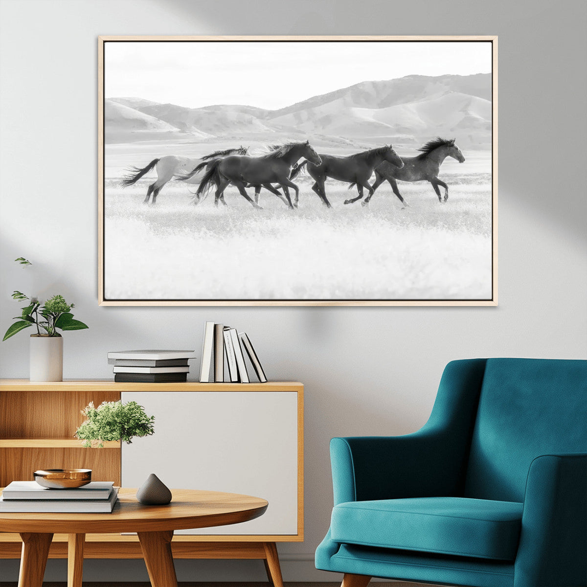 Wild Horses Running Wall Art Canvas Print, Framed Black White Mustangs Artwork